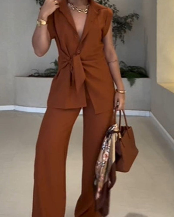 IVELE - Elegant Sleeveless Blouse and High Waisted Pants Set