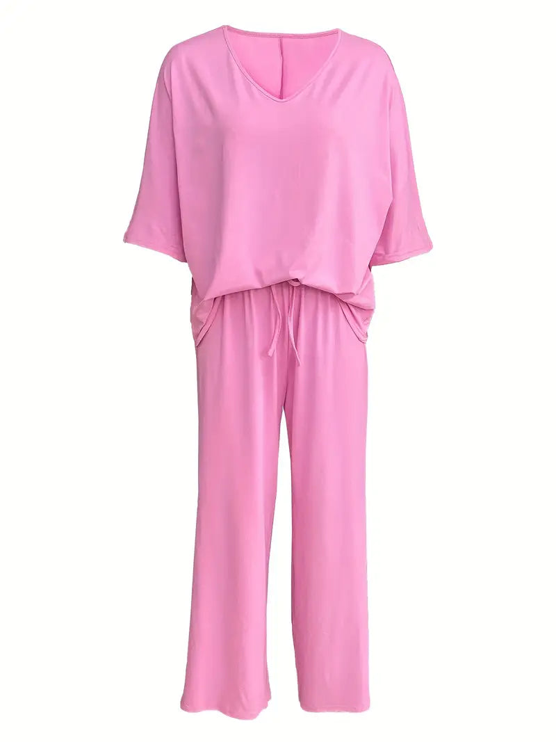 Mia™ - Casual V Neck Top with Wide Leg Pants Set