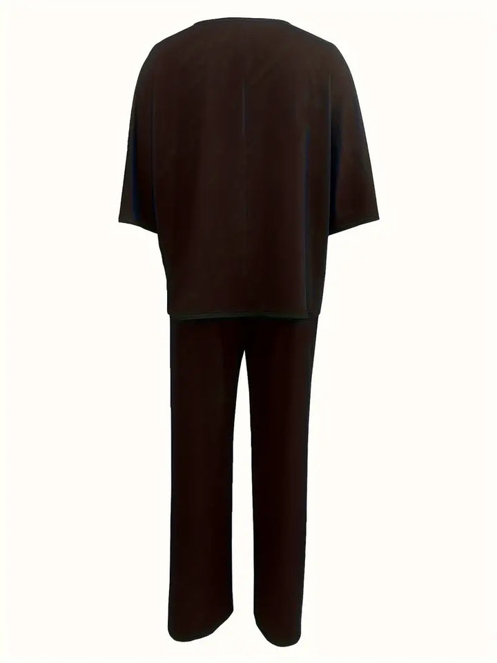 Mia™ - Casual V Neck Top with Wide Leg Pants Set