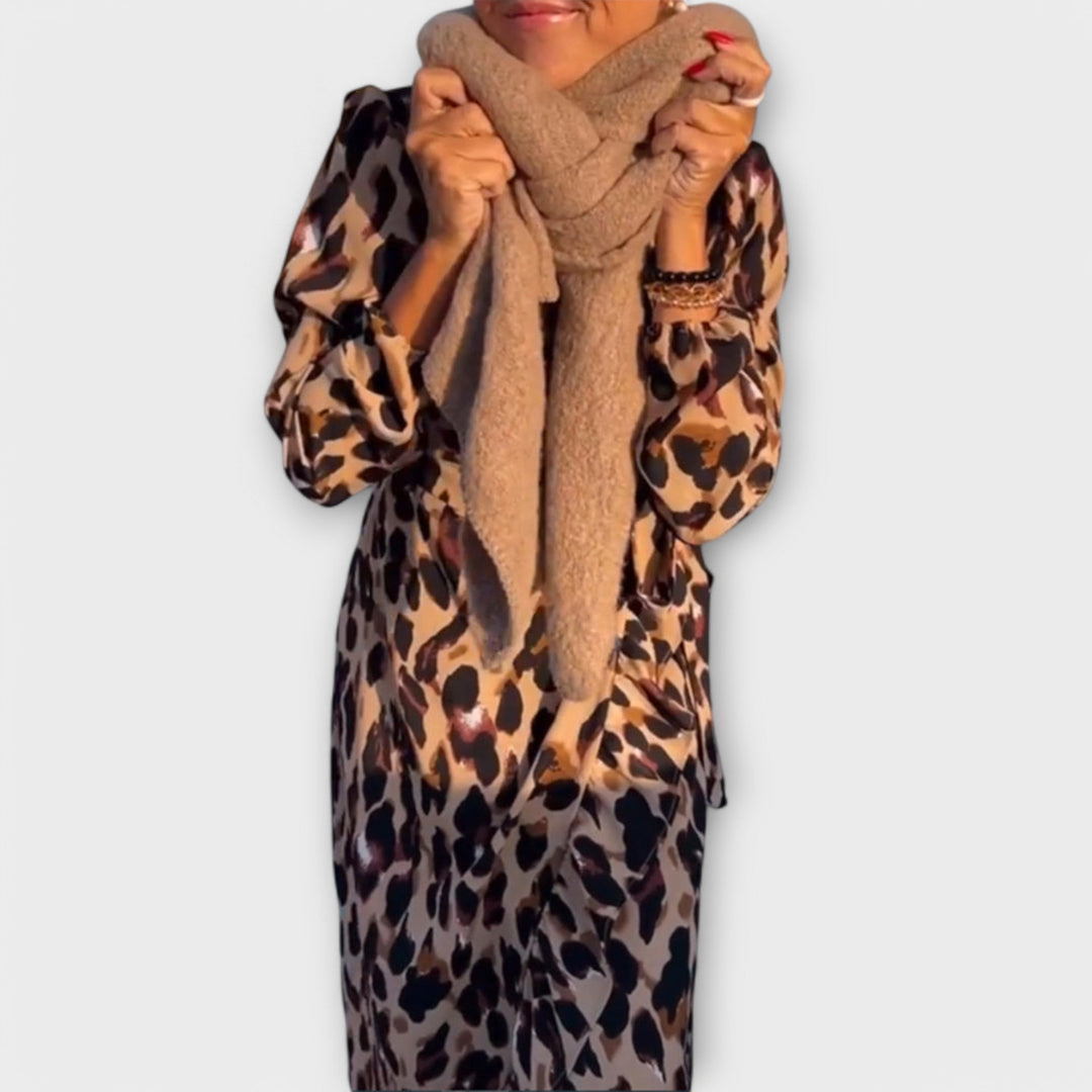 Casual Leopard Print V-Neck Dress with Waist Tie