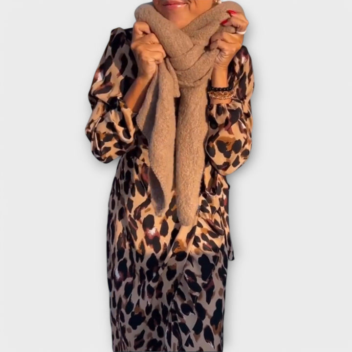 Casual Leopard Print V-Neck Dress with Waist Tie