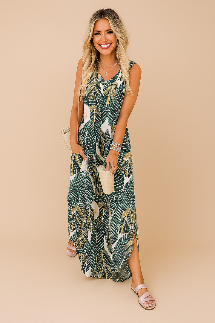 Jasmine™ | Tropical Leaf Print Maxi Dress