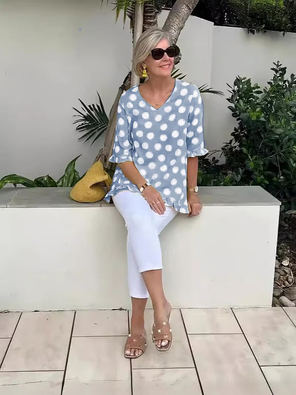 Denise | Relaxed V-Neck Polka Dot Blouse