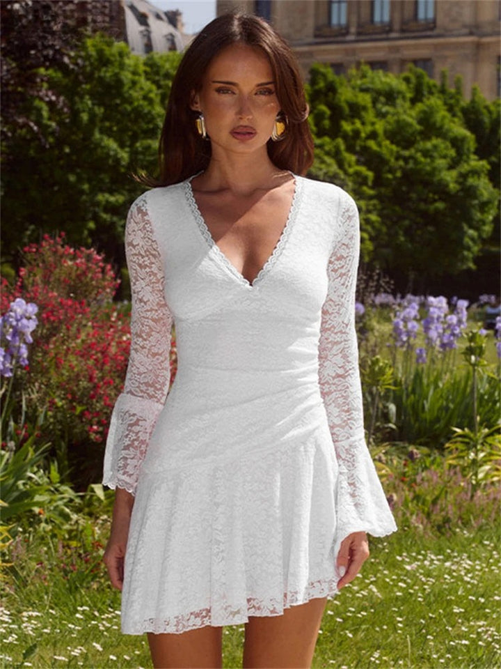 【24-hour shipping out】Elegant Lace V-Neck Long Sleeve A-Line Mini Dress – Summer Party & Holiday Style 2025