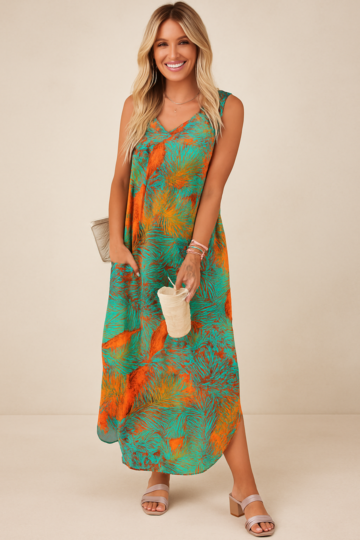 Jasmine™ | Tropical Leaf Print Maxi Dress