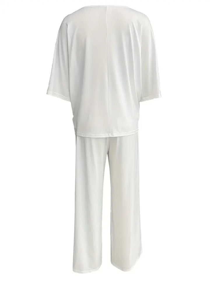 Mia™ - Casual V Neck Top with Wide Leg Pants Set