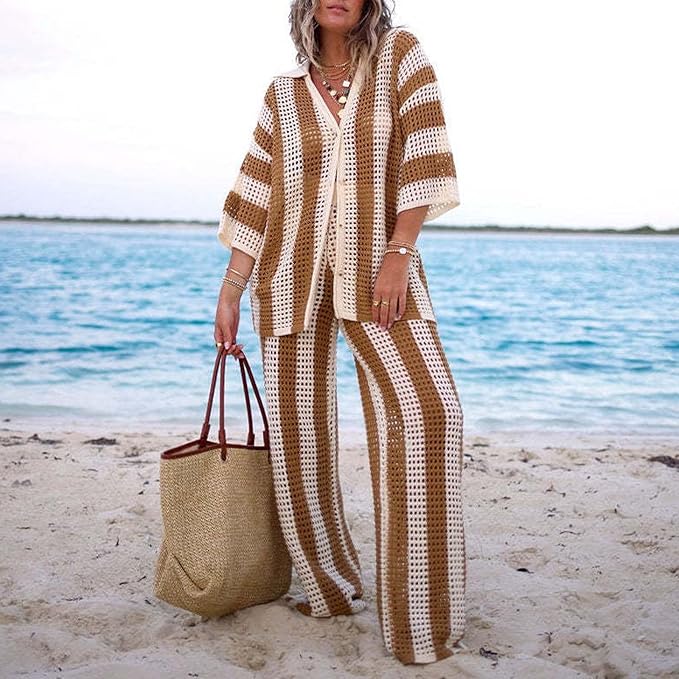 Amelia™ - Striped Hollow Out Top And Pants Set