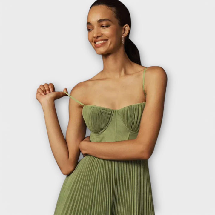 Pleated Midi Dress with Tulle Corset