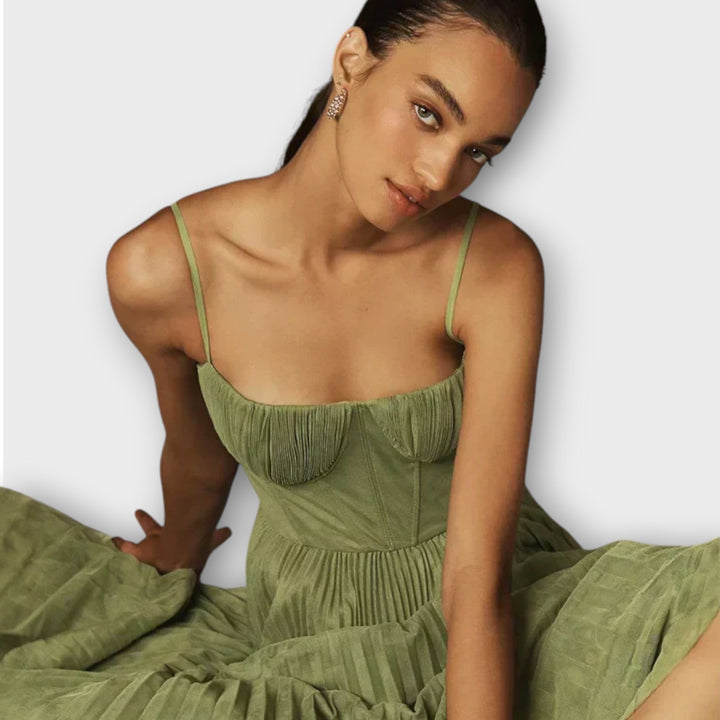 Pleated Midi Dress with Tulle Corset