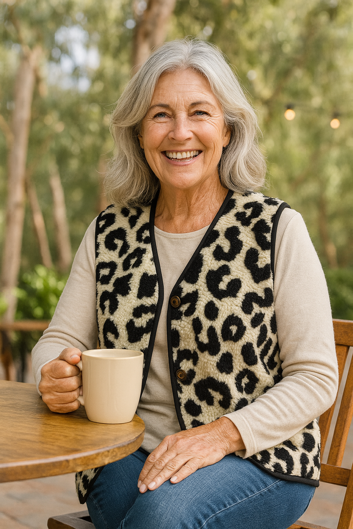 Marlene | Leopard Knit Comfort Vest - No fuss. No squeeze. Effortless warmth