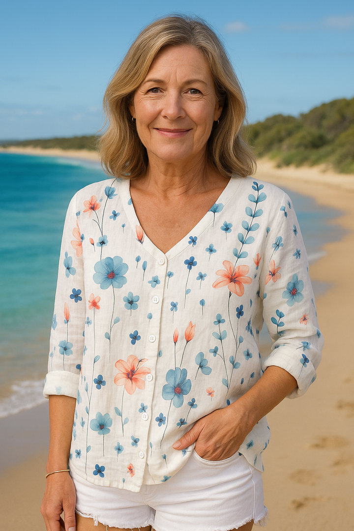 June | Cotton and Linen Floral Top - Natural Grace, Effortless Fit
