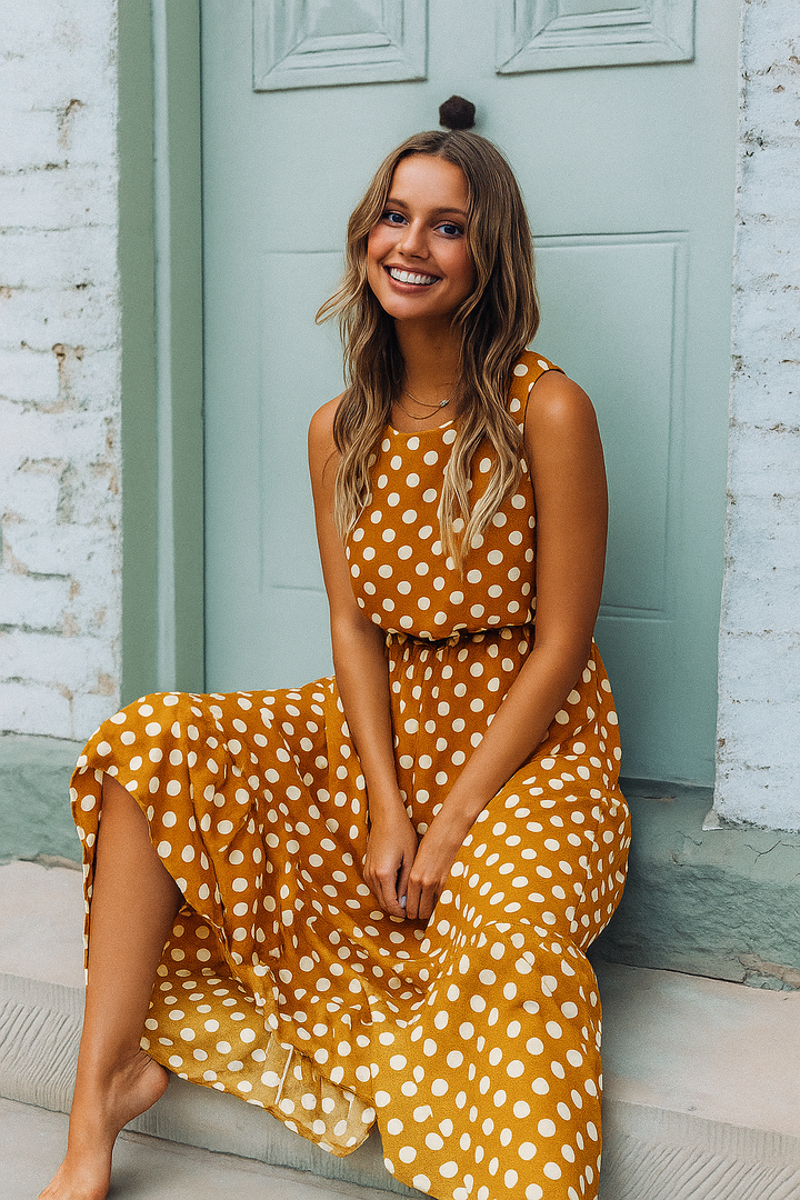 Brigitte – Sleeveless Boho Polka Dot Dress