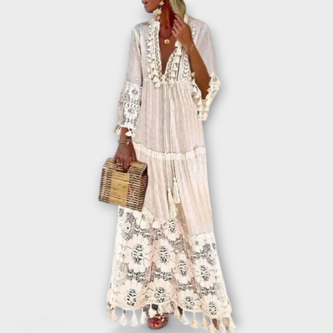 Classic Bohemian-Style Long Dress with Long Sleeves, Lace, and Tassels