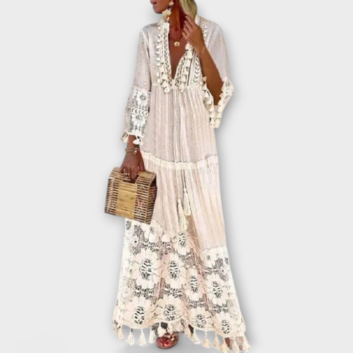 Classic Bohemian-Style Long Dress with Long Sleeves, Lace, and Tassels