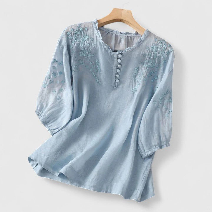 Solenne | Embroidered Comfort Blouse - Cotton-Linen