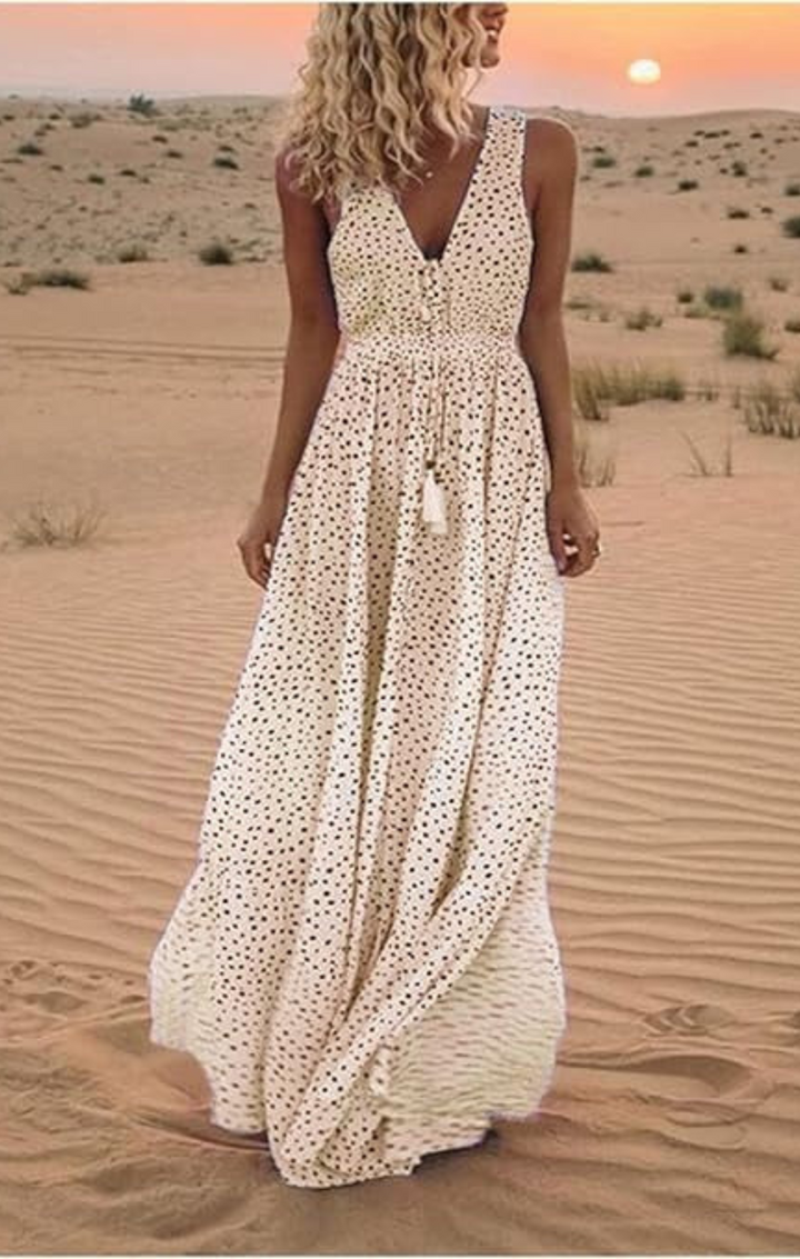 Ava - Bohemian Polka Dot Maxi Dress