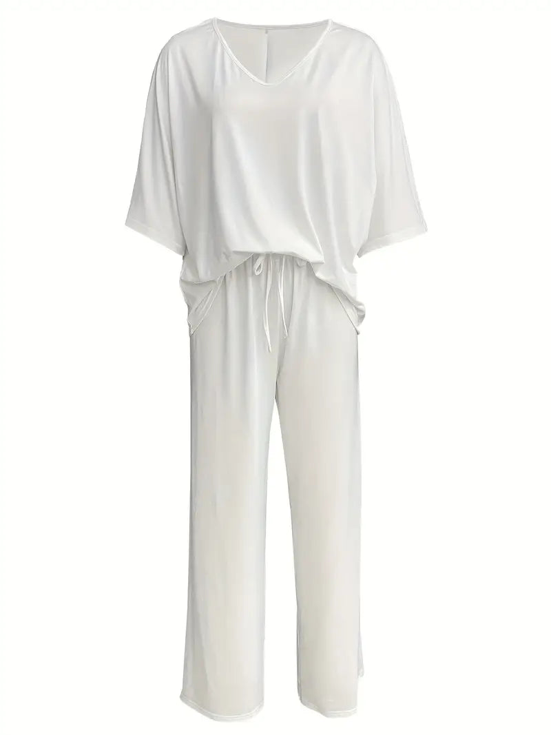 Mia™ - Casual V Neck Top with Wide Leg Pants Set