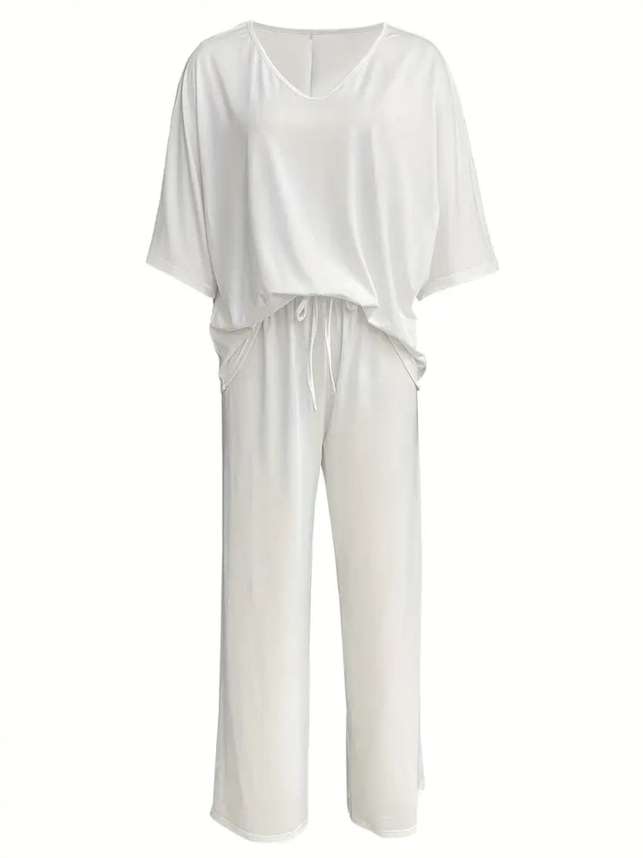 Mia™ - Casual V Neck Top with Wide Leg Pants Set