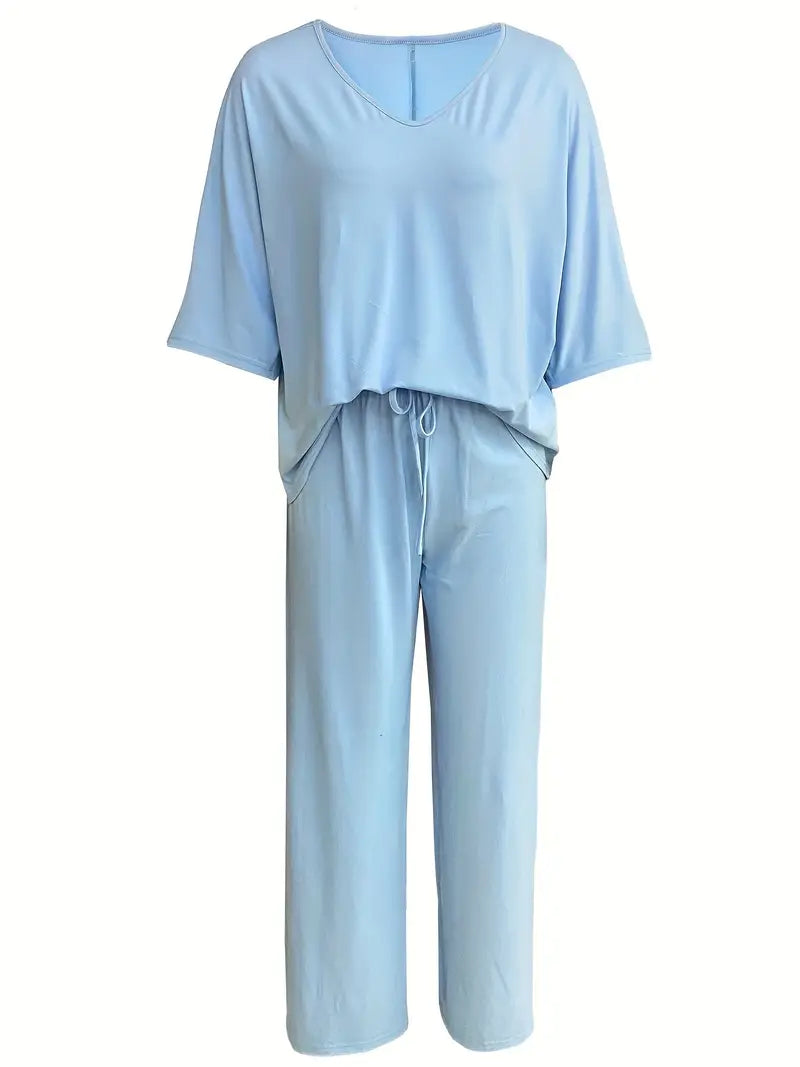 Mia™ - Casual V Neck Top with Wide Leg Pants Set