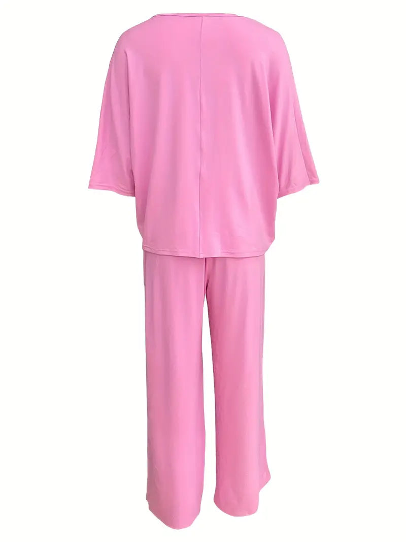 Mia™ - Casual V Neck Top with Wide Leg Pants Set