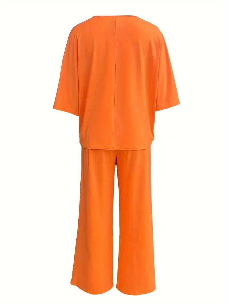 Mia™ - Casual V Neck Top with Wide Leg Pants Set