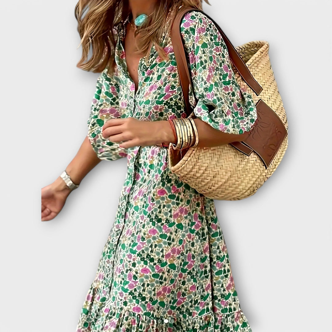 Lenna – Green Floral Dress with Belt