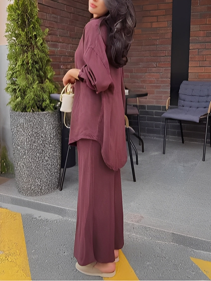 Evelore | Long-Sleeved Tie-Drawstring Shirt & Skirt Set - Effortless Style, Everyday Confidence